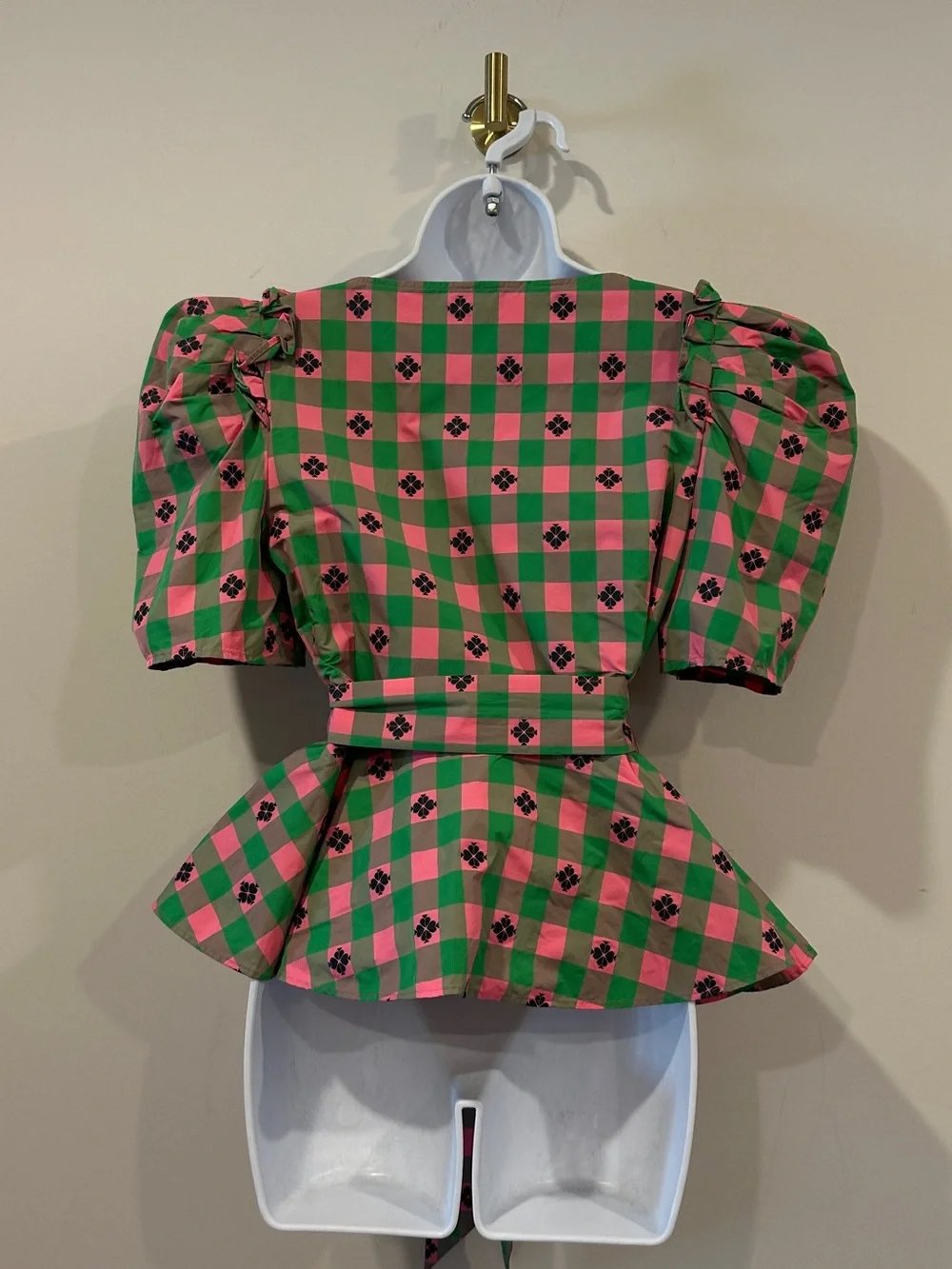 Kate Spade New York Puff Sleeve Embroidered Spade Checker Pattern Peplum Top 8